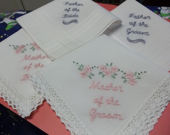 Mother /father of bride and groom wedding handkerchiefs, set of 4, hand embroidered, wedding favors, wedding colors welcome, family