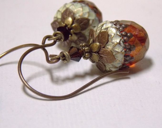 Acorn Earrings, Czech Glass, Boho Ivory Earrings Antique Brass Earrings, Burgundy and Cream Wedding Earrings, Swarovski Crystal Earrings