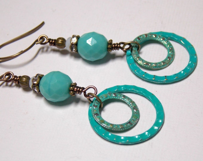 Mixed Metal Earrings Boho Earrings Long Turquoise Metal Hoop Earrings Distressed Czech Beaded Drop Earrings Long Bohemian Patina Earrings