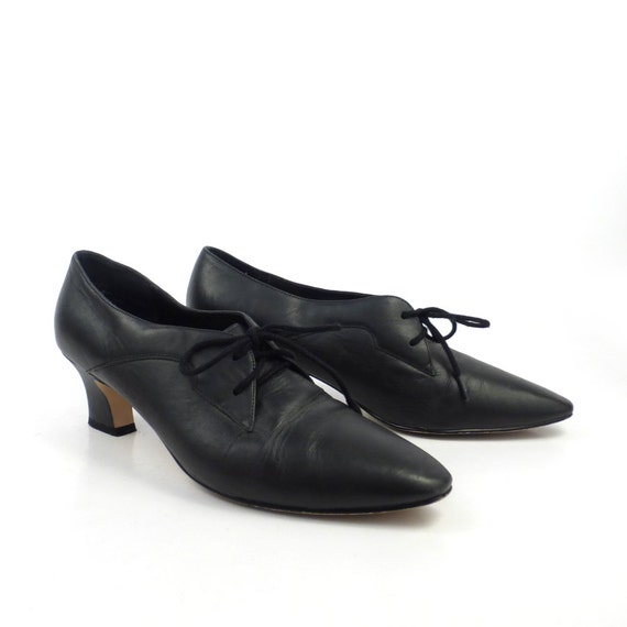 Oxford Leather Shoes Black Vintage 1980s Partners Heeled