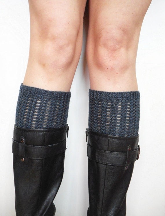 Lacy Merino Wool Boot Cuffs in Navy Blue, ready to ship. 