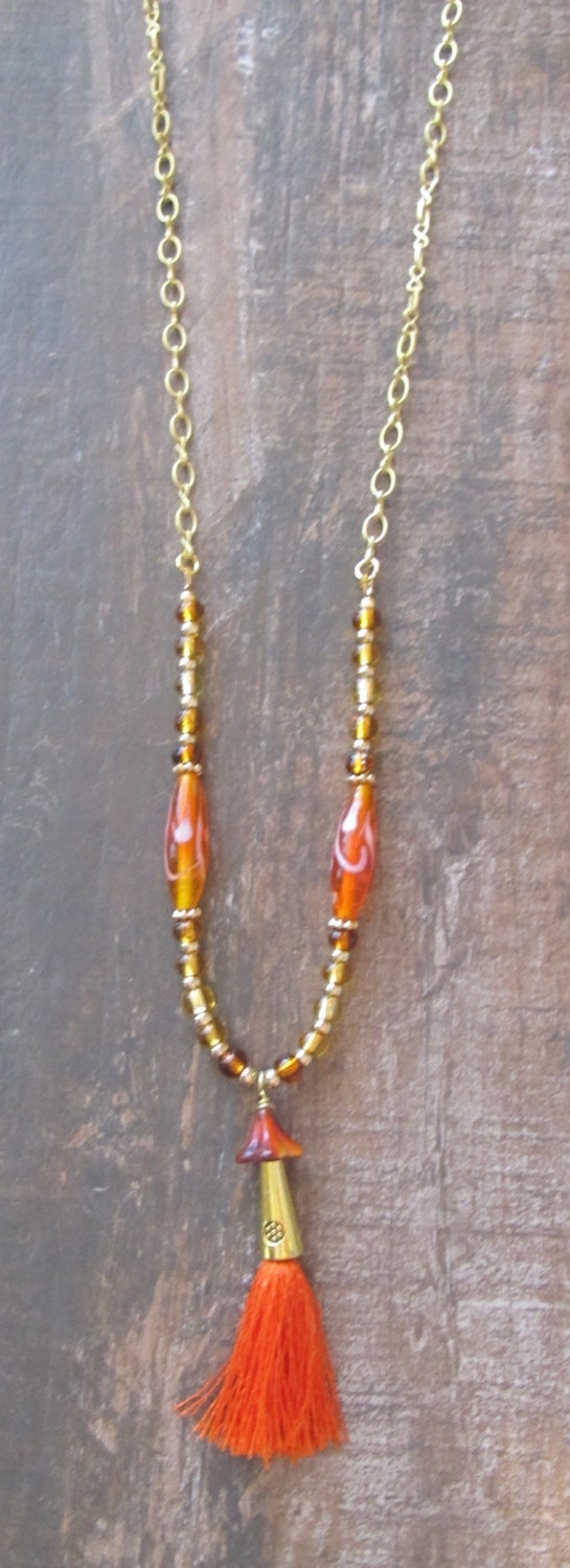 Boho Deep Orange Silk Tassel Necklace Gold by ThePaintedCabeza