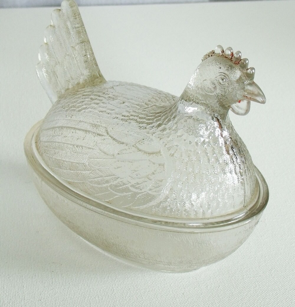 Hen and Nest, vintage clear glass chicken candy dish Haute Juice
