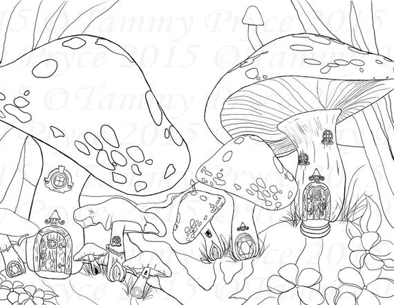 Fantasy Mushroom Village Landscape Adult Coloring Page Digi