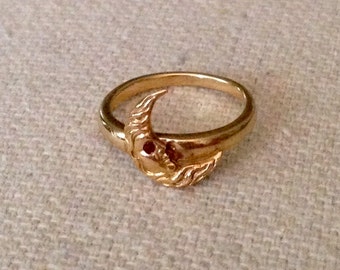 Antique Art Nouveau 14K Yellow Gold Crescent Moon Ring - Size 2