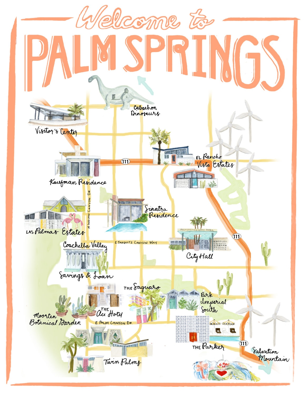 Palm Springs California Illustrated Travel Map Print Of An - Palm Springs California Illustrated Travel Map Print Of An Originalwatercolor palm springs california illustrated travel map print of an - palm springs california illustrated travel map print of an originalwatercolor