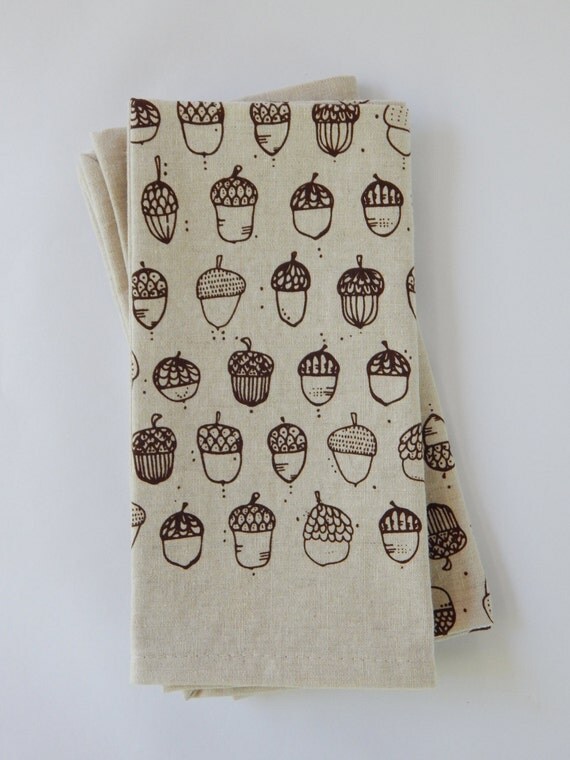 Cloth Napkins Hand Printed Acorns Set of 4 Natural Linen