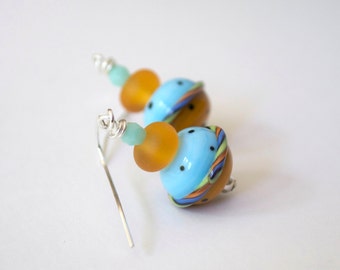 Blue Carnival Ball Earrings, Lampwork Glass Earrings, Colorful Earrings, Whimsical Jewelry