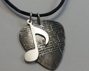 Sterling Silver Guitar Pick necklace with music note charm by NiciLaskin - GPN005