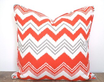 Orange outdoor pillow cover 18x18 zigzag print, chevron cushion for lounge chair, geometric outdoor pillow case gray and orange cushion