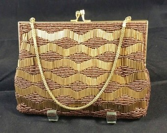 Bronze Beaded Evening Bag Signed Walborg Made in Hong Kong