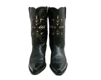 Vintage Cowboy Boots Mens Preowned Black and White Leather Inlay Western Boots Fits Mns US Size 8