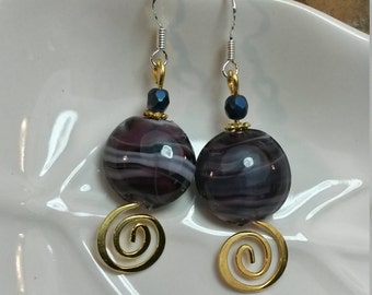 Gold and Purple Swirl Sterling Silver Dangle Earrings, Purple Gold Swirl Dangle Sterling Silver Earrings