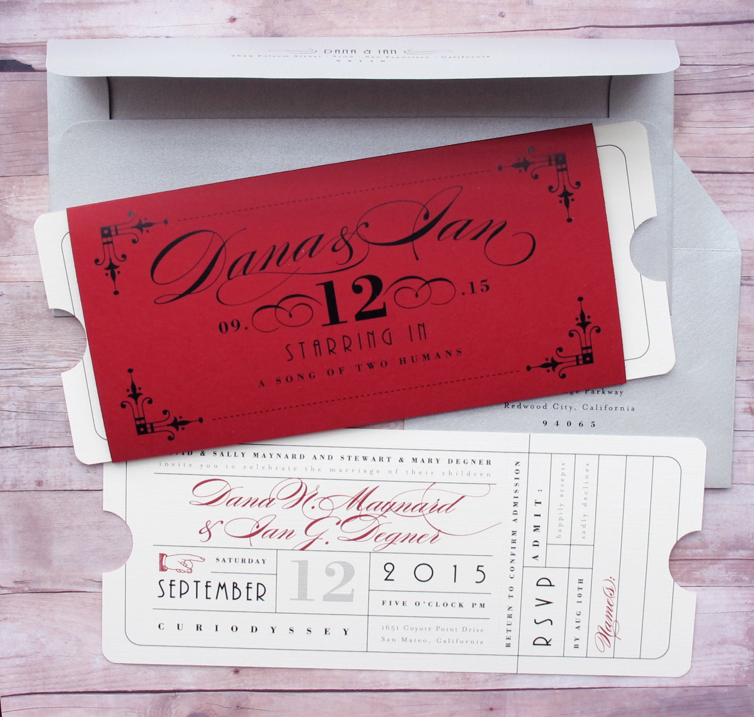 Formal Vintage Ticket Wrap Enclosure Invitation Suite for