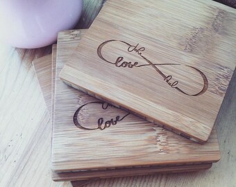Custom Engraved Bamboo Coasters Personalized Coaster Set, Engraved Names, Established Date, Wedding Gift, Engagement Present "Eternal Love"