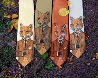 Tie - Dapper Fox Necktie - Birthday Gift Men - Men's Fox Tie - Groomsmen Necktie - Fox Art - Men's Gift - Screen Printed Necktie