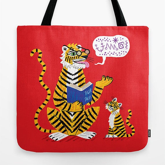 Tiger Tales - Red Childrens Tote Bag - Book Bag - Record bag - 18" x 18"