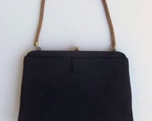 1950s Handbags, Purses, and Evening Bag Styles Vintage 40s 50s Handbag Evening Bag Purse Black Rayon Gold Tone Mesh Handle $25.00 AT vintagedancer.com