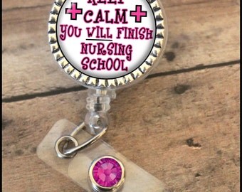 pink. keep calm nursing student... Personalized identification badge reel..Lanyard..id clip..nurse gift...teacher.