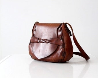 vintage 60s leather shoulder bag, hand-crafted hippie purse
