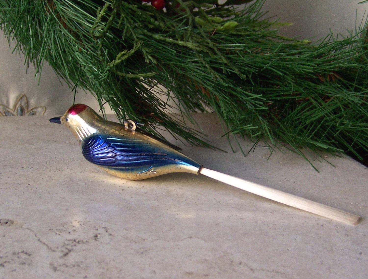 Vintage Bird Christmas Ornament Spun Glass Tail by CynthiasAttic