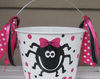 Halloween bucket: Personalized Halloween bucket pail - girly spider design - trick or treat