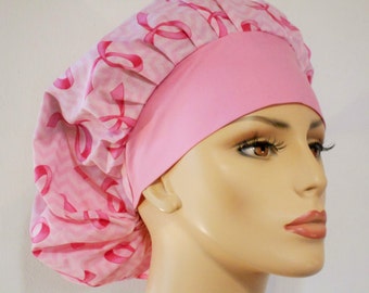 Awareness Bouffant Surgical Scrub Hat Pink Ribbons on Pink Chevron - With a Solid Pink Headband - il_340x270.825898473_mz3c