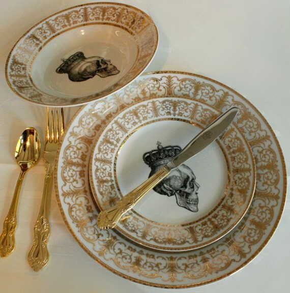 3 Piece Skull Dinnerware Plate Set Halloween Dishes China Il 570xN 3 Piece Skull Dinnerware Plate Set Halloween Dishes Halloween Skeleton China Set Goth Tableware Gold Dinnerware Steampunk Victorian