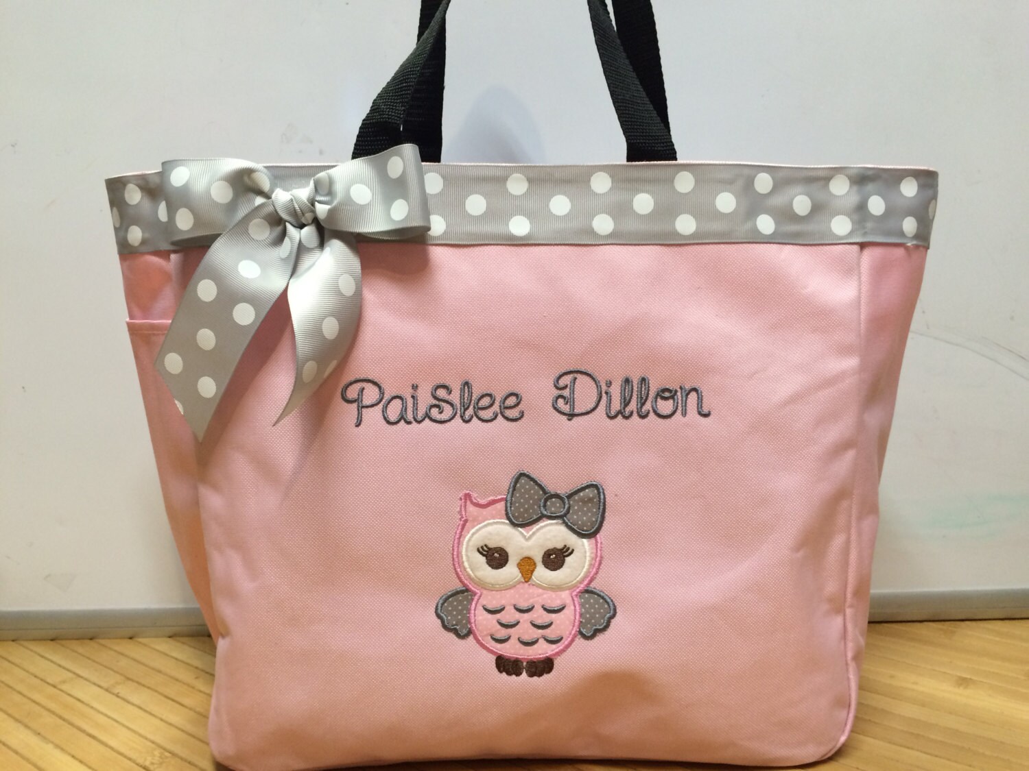 Personalized Girl Owl Tote Bag Baby Diaper Bag Pink and gray