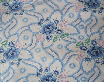 Vintage French Fabric Blue Roses Rosebuds Pink Flowers Green Leaves Flowing Ribbons Suitable for Patchwork Quilting, Lavender Bags Feedsack
