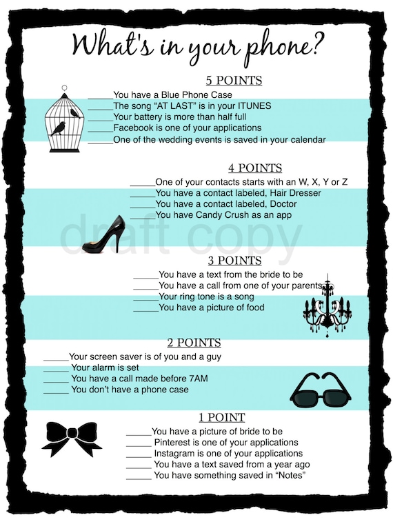 Bridal Shower Game-What's in your Phone