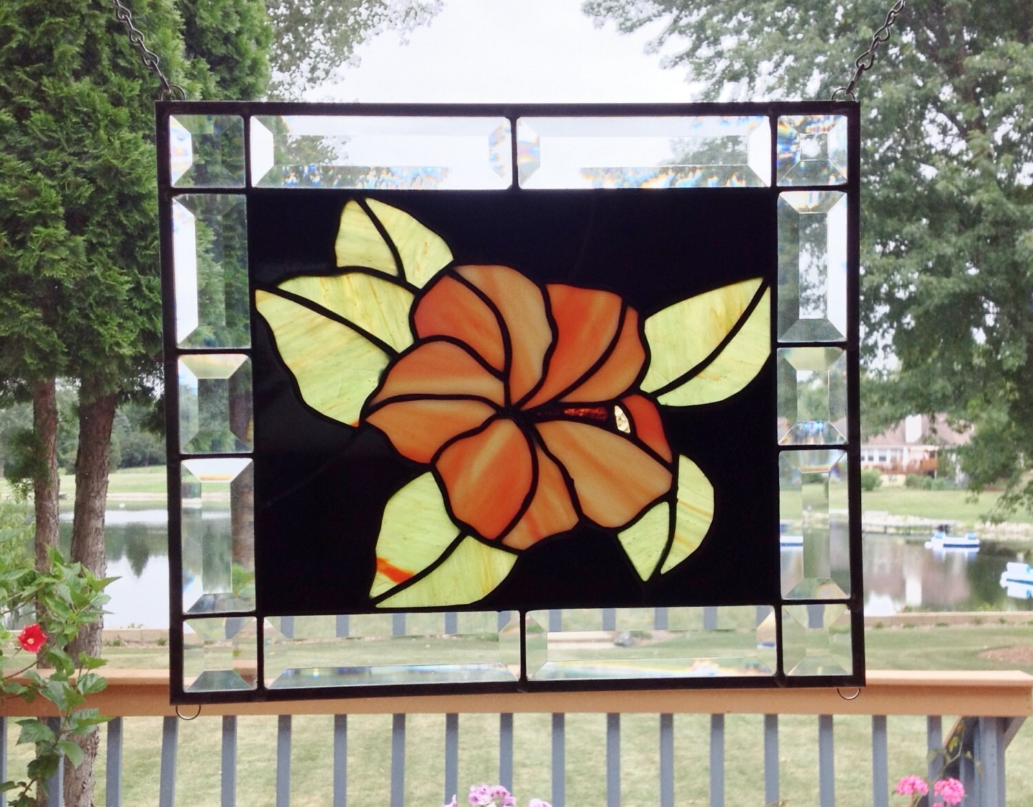 Beveled stained glass window panel orange hibiscus stained