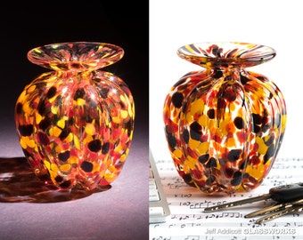 Small Hand-Blown Glass Vase - Ribbed with Hot Color Dots