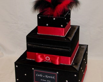 Black and Red Wedding Card Box-BLACK and RED Feather topper-rhinestone accents