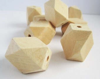 10 natural unfinished wooden geometric polygon faceted beads - 19x27mm