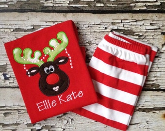 Red Christmas Pajamas - Girl Reindeer Pjs - Red/White Striped Pajamas - Christmas Reindeer Outfit