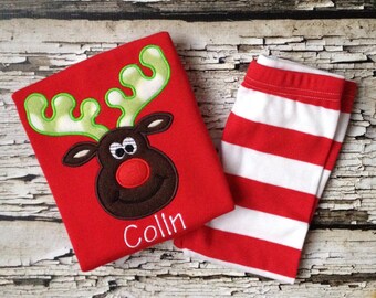 Red Christmas Pajamas - Reindeer Pjs - Red/White Striped Pajamas for a Child - Christmas Boy Reindeer Outfit