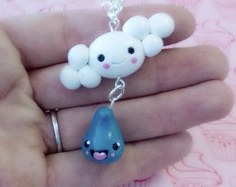 Happy Cloud and Rain Drop Polymer Clay Keychain Charm Kawaii White Blue Figurine Miniature ooak Gift