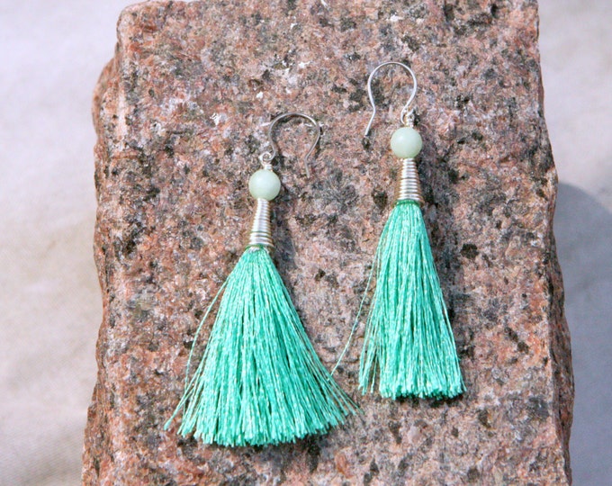 Boho earrings , Gipsy earrings,Chrysoprase earrings,Silk Tassel with semi presious gems