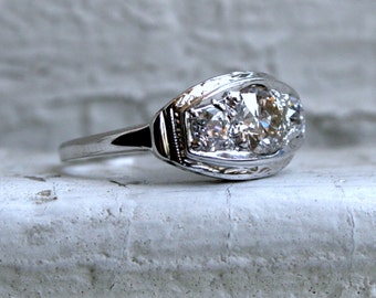 Vintage 14K White Gold Diamond Ring Three Stone Engagement Ring - 1.10ct.