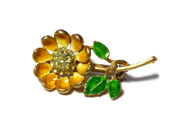 Yellow floral brooch pin, small yellow enamel flower with yellow rhinestone centers, lapel pin, hat enhancer