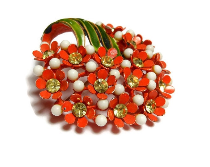 FREE SHIPPING Orange bouquet brooch, vibrant floral pin, orange flowers, yellow rhinestones with white beads and topped with green leaves