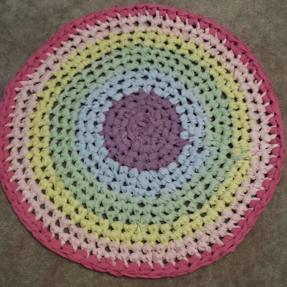 Crochet Rag Rug Pastel Rainbow One Round Artisan Cottage Chic