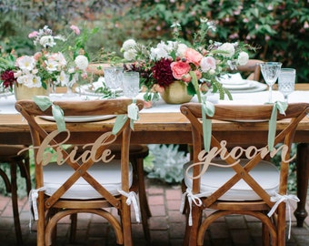 Wood Laser Cut Calligraphy Bride and Groom Chair Signs