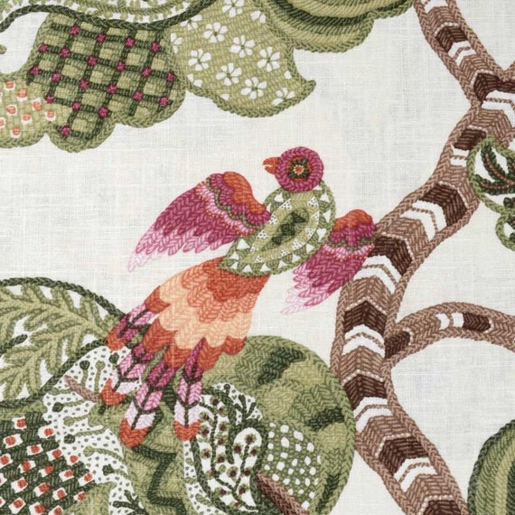 Dark Green Bird Upholstery Fabric Green and Pink