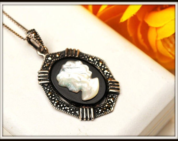 Cameo necklace - Sterling Silver Marcasite - White Mother of Pearl - black Onyx -Women profile