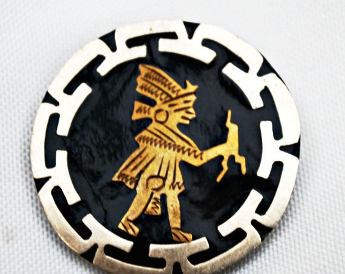 Silver brass Mexico Brooch Alpaca Tribal south western pin