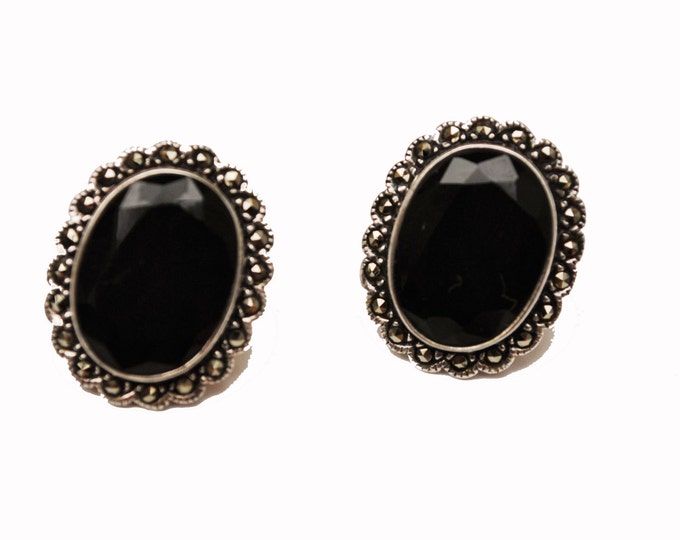 Black Onyx marcasite earrings in scallop sterling silver setting pierced