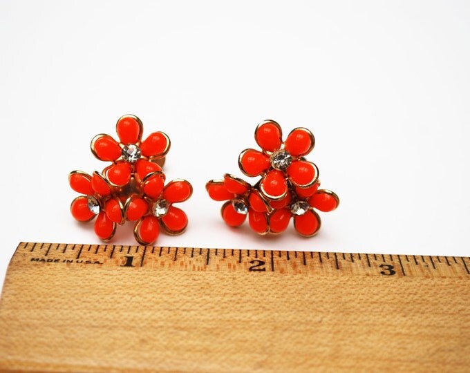 Orange Thermoset Flower Earrings screwback and rhinestones