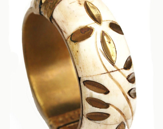 Bone Brass Hinge bracelet - gold floral design - Boho chunky cream and gold bangle